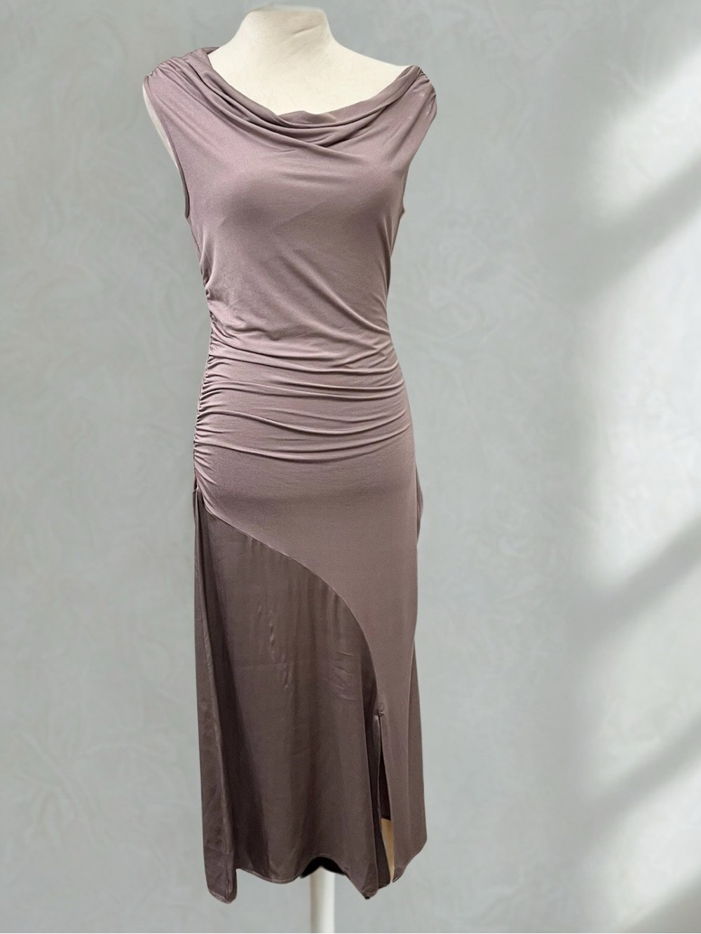 NWT Anthropologie Asymmetrical Slim Midi Dress – Mauve/ Taupe, Size L - Picture 2 of 8